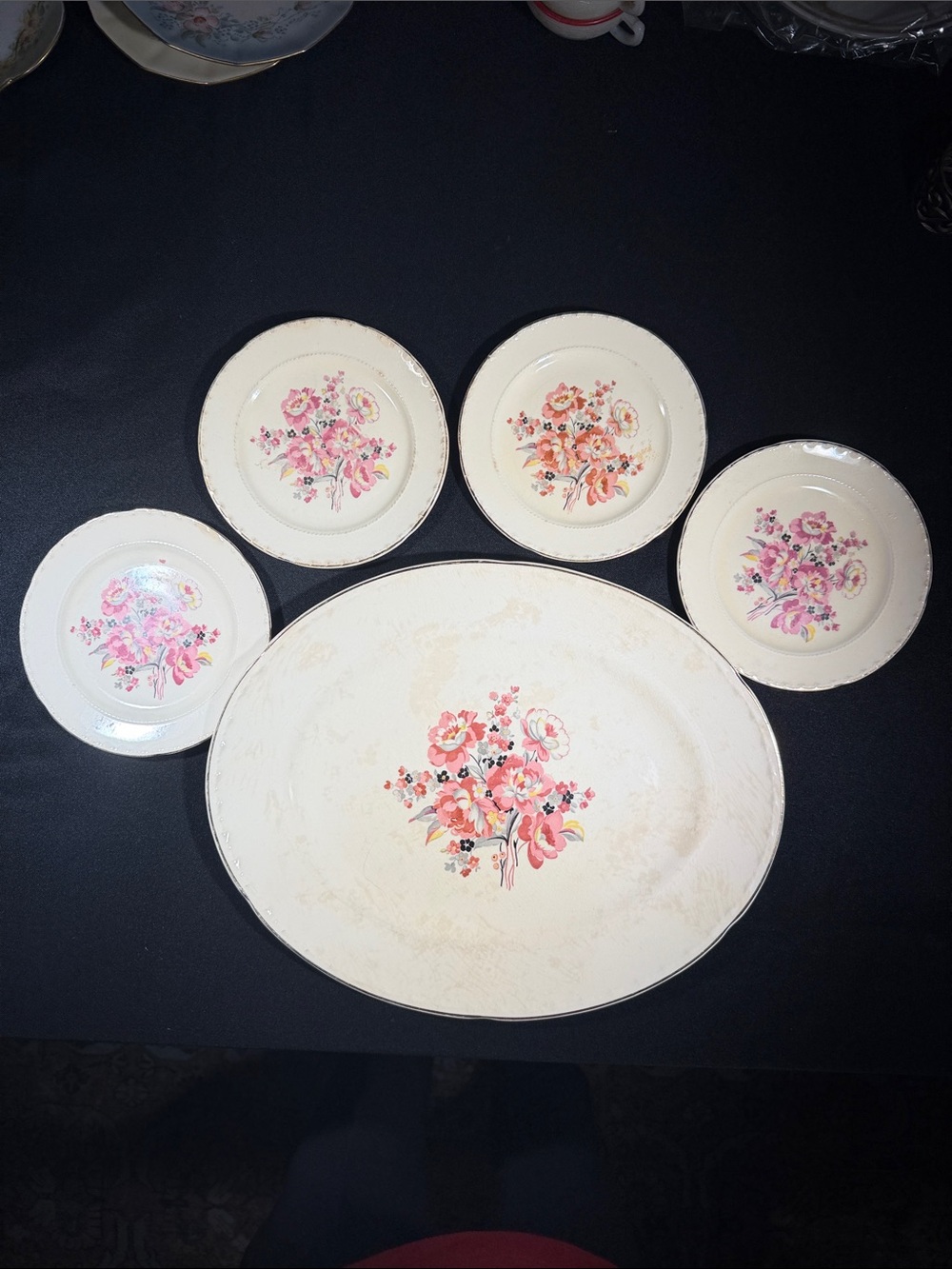 Vintage Crooksville China Floral Serving Platter & Desert Plates, Pink Bouquet